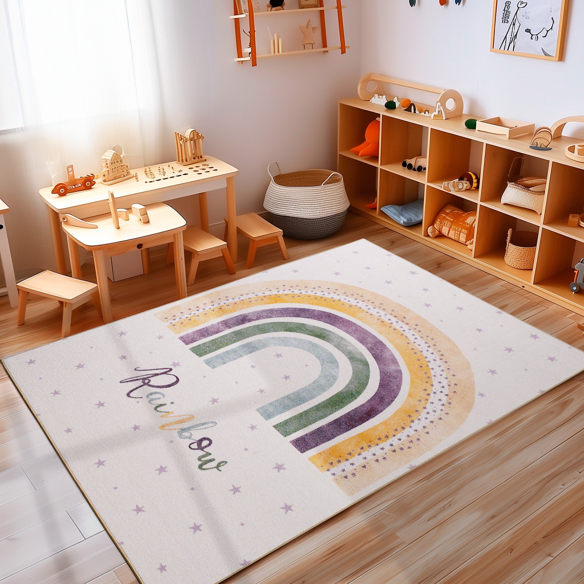 Teppich Kinderzimmer Creme Mädchen & Junge Kinderteppich Waschbar Rutschfest
