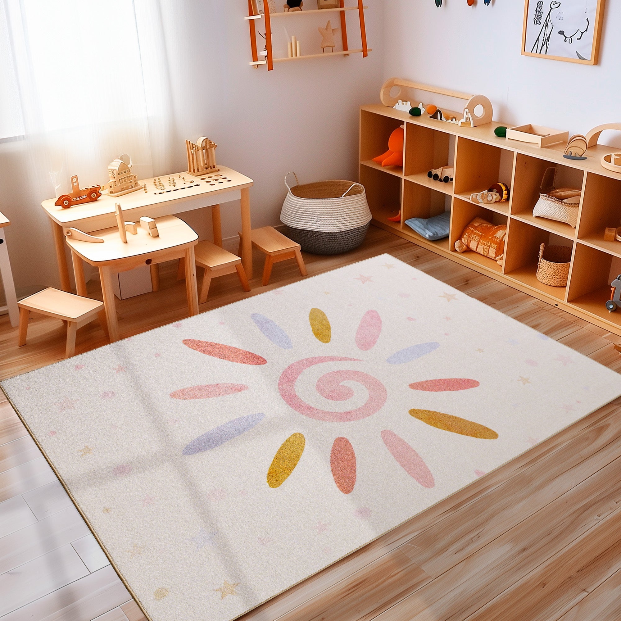 Teppich Kinderzimmer Creme Mädchen Junge Flauschiger Kinderteppich Waschbar Weich